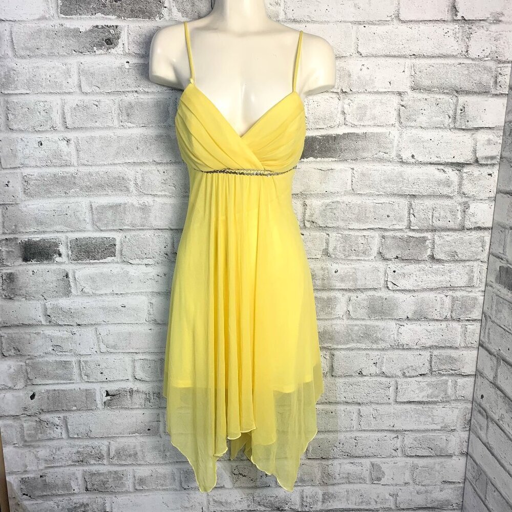 Vintage Babydoll Sheer Yellow Chiffon Handkerchief Asymmetrical Hem Midi Dress